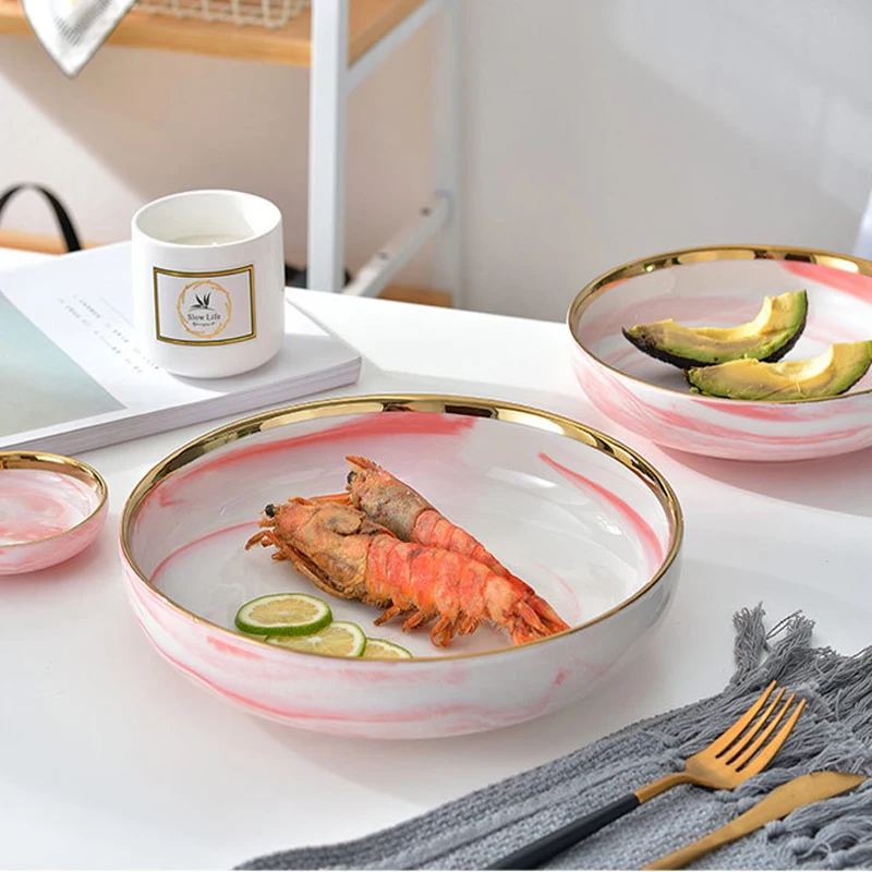 14PCS Set For 4 People Pink Marble Ceramic Dinner Dish Rice Salad  Bowl Soup Plates Dinnerware Sets Tableware Kitchen Cook Tools