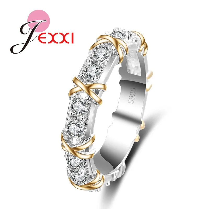 Classic White Crystal Pave Woman 925 Sterling Silver Rings Fashion Wedding Jewelry Cross X Shape Ring