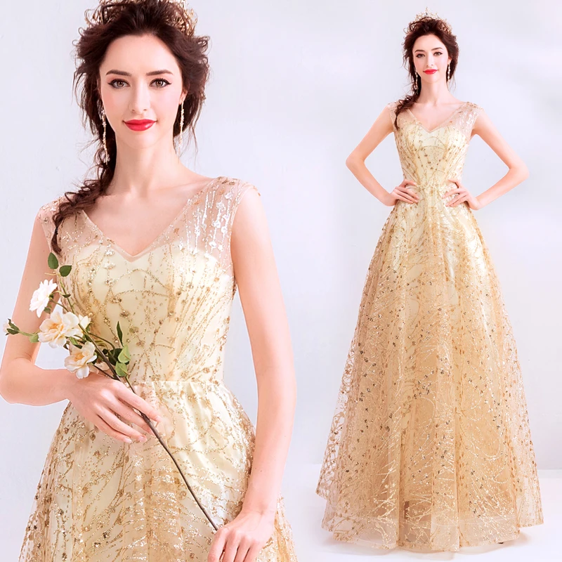 Glaring della principessa champagne oro Vestito Da Sera lungo lace up prom abito robe de mariee vestito da graduazione Una linea vestito per da sposa