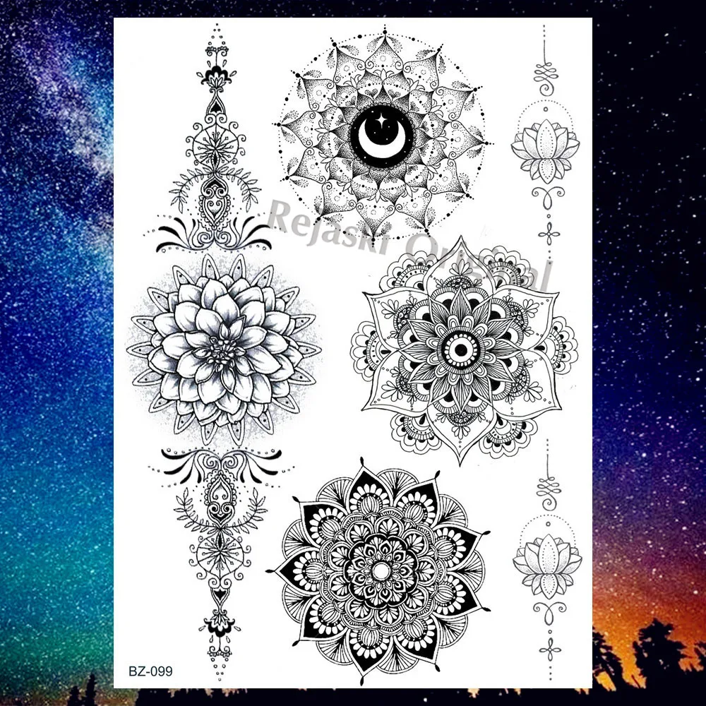 REJASKI Black Henna Totem Mandala Flower Mehndi Realistic Temporary Tattoos Sticker Body Art Sexy Tattoo Custom inbox Tatoos