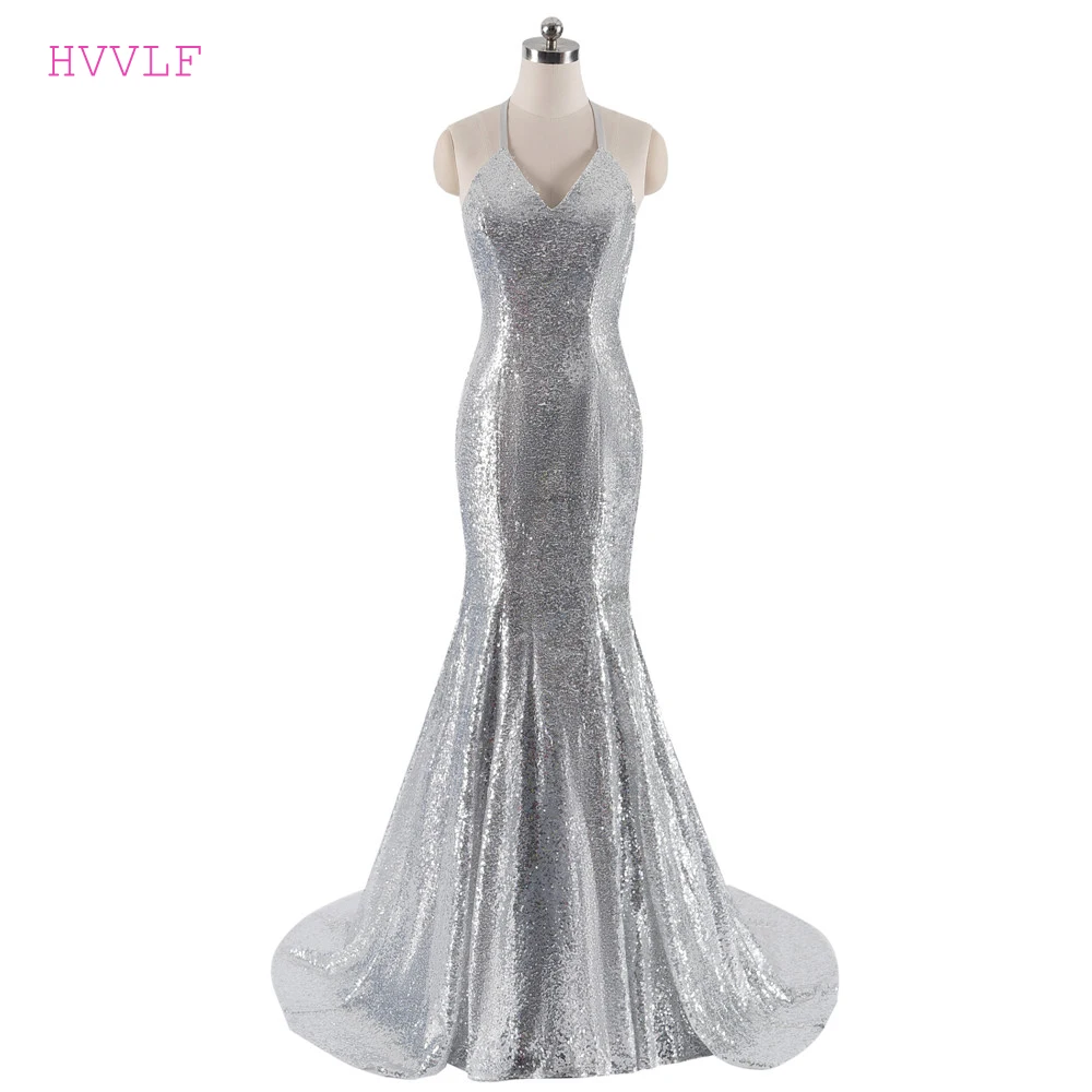 

Silver Evening Dresses Mermaid Halter Sequins Sparkle Sexy Backless Women Long Evening Gown Prom Dress Robe De Soiree