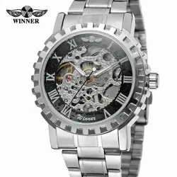 Fashion Skeleton Automatic Mechanical Winner Gold Men Dress Stainless Steel Bracelet Sport Luxury Male Clock Business Wristwatch