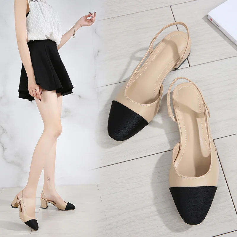 mixed color chunky single shoes women summer patchwork shallow sandals side cut out stretch back strap slip on slingback sandals