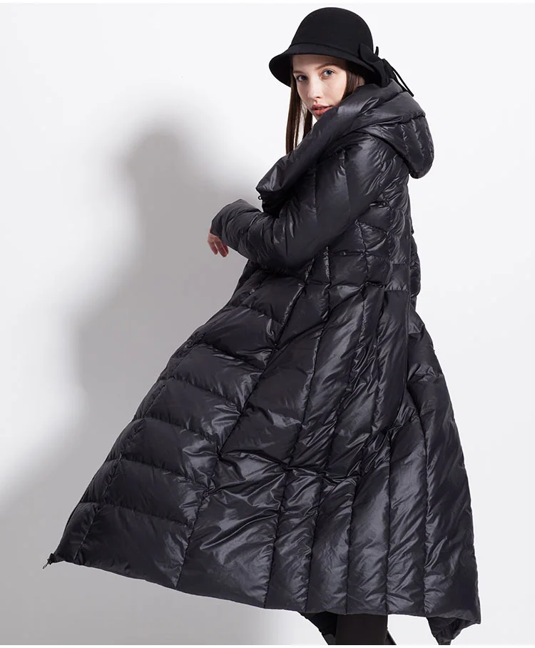 Womens Winter down coat waterproof long thick puffer hat black 4XL dark blue female jackets