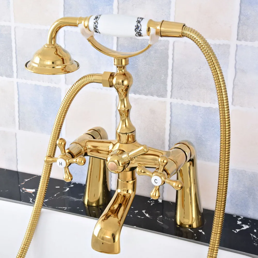 

Luxury Gold Color Brass Deck Mounted Bathroom Tub Faucet Dual Handles Telephone Style Hand Shower Clawfoot Tub Filler atf786