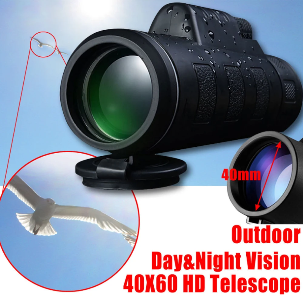 Night Vision 40X60 HD Optical Monocular Hunting Camping Hiking Telescope with Phone Holder Lens for Mobile Phone