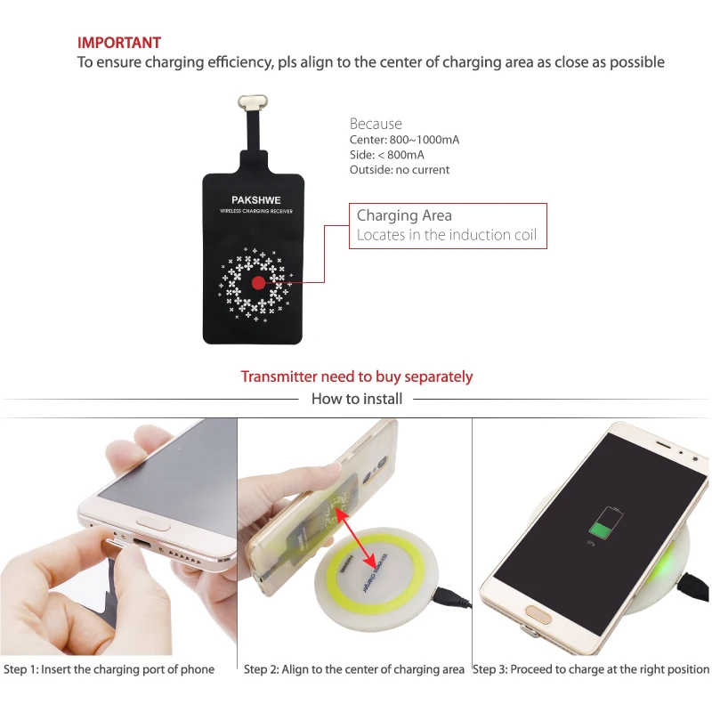 Type C Qi Wireless Charger Receiver 5W Fast Charging TI-Chip Adapter for rog phone2 All Non-Qi USB C Devices