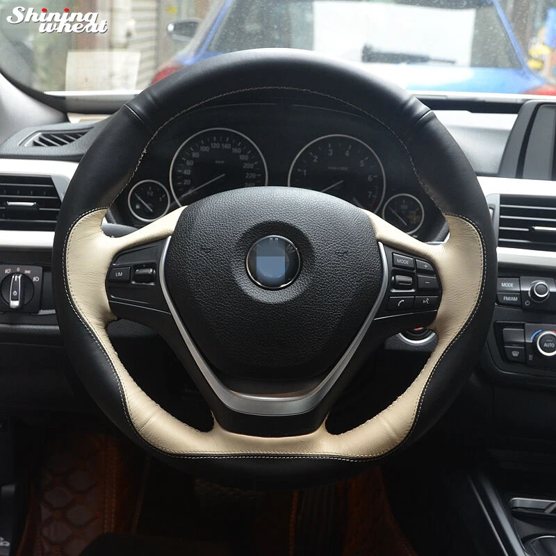 Shining wheat Black Beige Leather Hand-stitched Car Steering Wheel Cover for BMW F30 320i 328i 320d F20