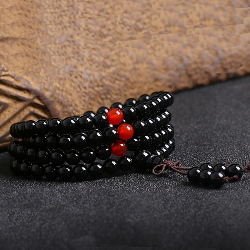 Black Obsidian Bracelet Carnelian 108 Beads Stretch Bracelets 6mm Buddhist Mediation Prayer Beads Mala Fashion Woman Bracelets