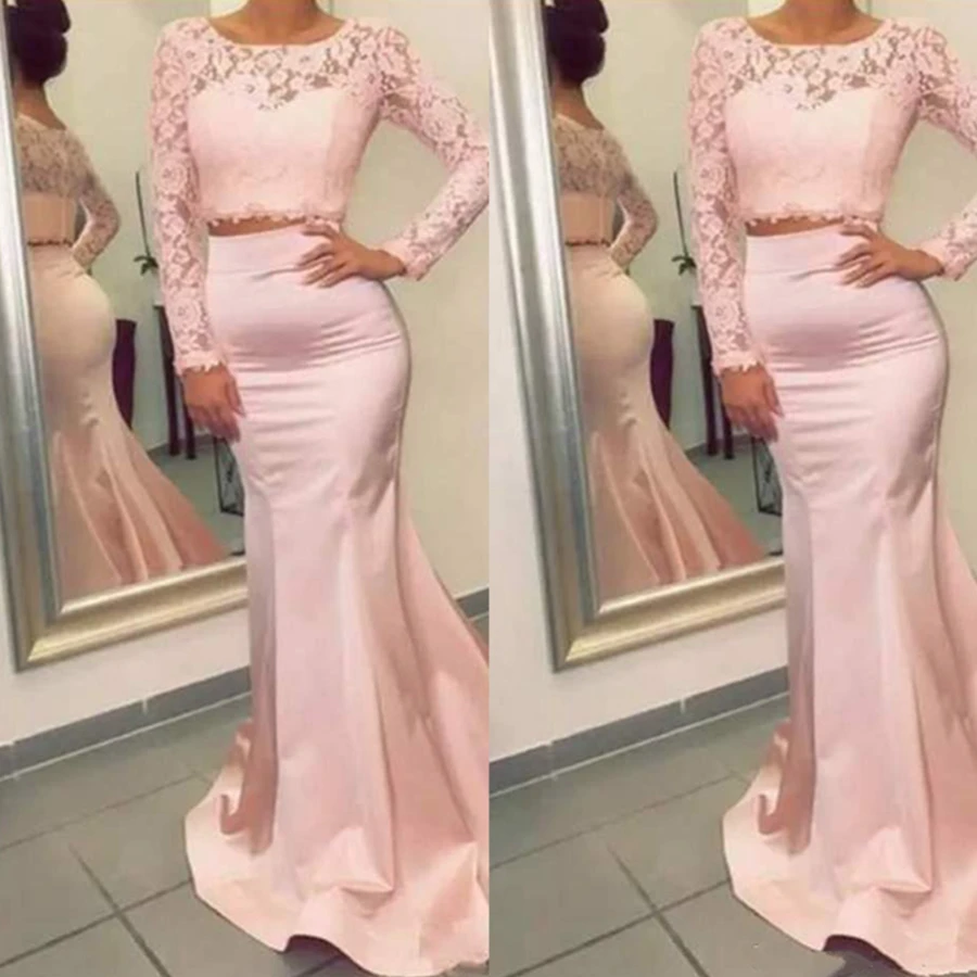 2021 Two Pieces Mermaid Prom Dresses Graceful Pink Long Sleeve Zipper Back Lace Appliques Special Occasion Dresses