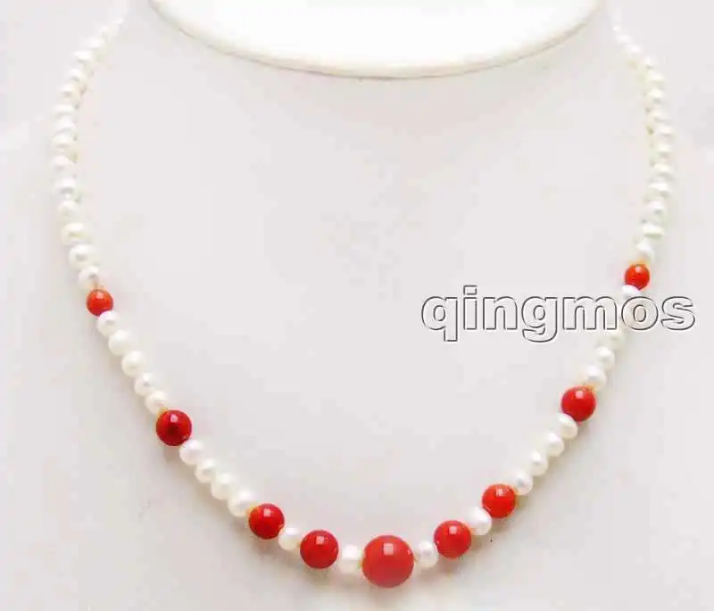 women Fashion Jewelry SALE 7-8mm White round Natural pearl and 8-12mm Red coral 18