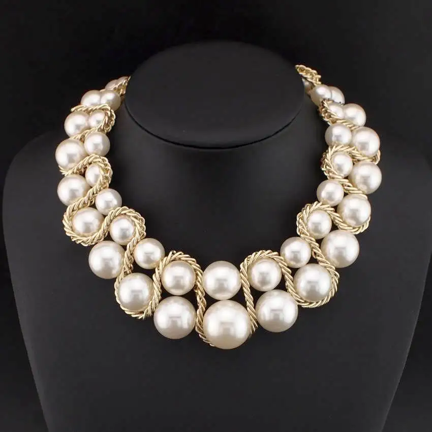 Imitation Pearl Necklace Fashion Gold Color Chain Cross Big Size Beads Collar Choker Statement Jewelry For Women Dress N1220