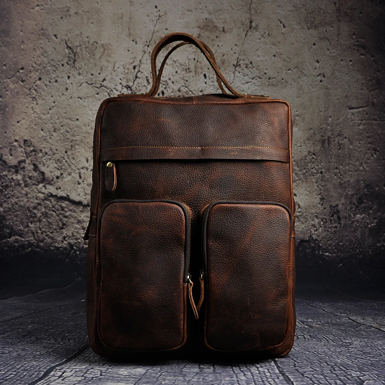 High Quality Cowhide Men Travel Bag University Student School Book Bag Design Backpack Male Fashion Backpack Daypack 2107