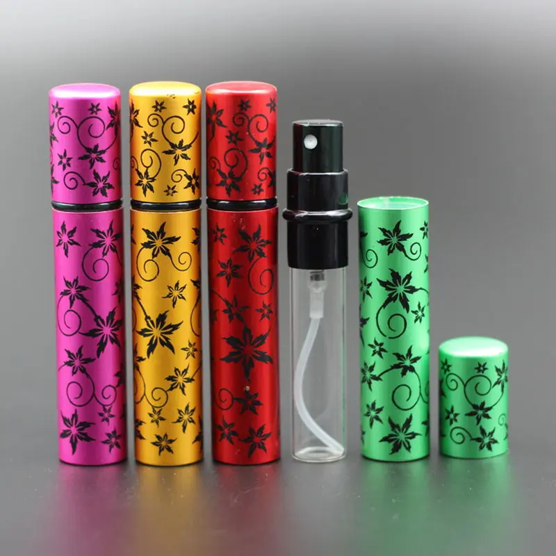 

25pcs/Lot Hot selling Pump 8ml Mini Travel Anodized Aluminum Perfume Bottle Empty Perfume Sprayer Leaf Print Glass Scent Bottle