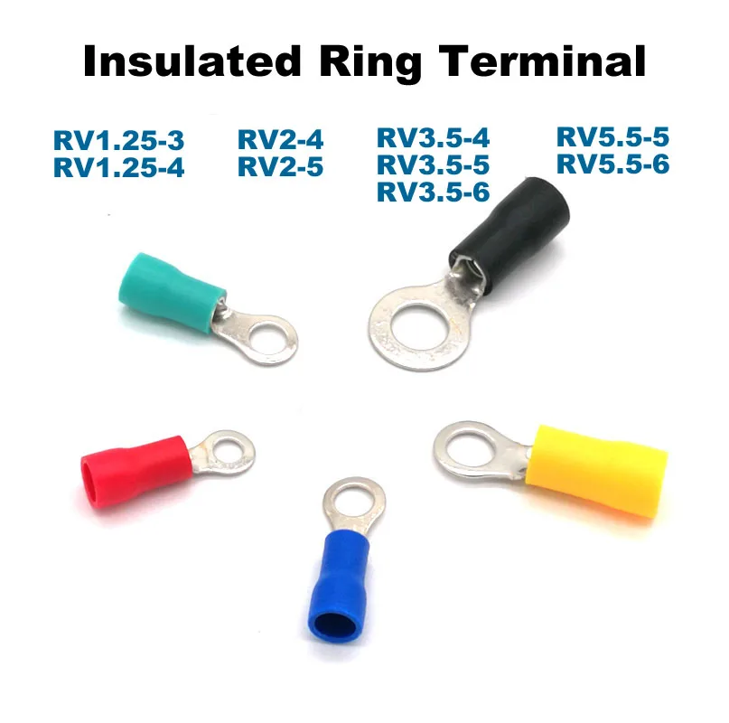

100Pcs Ring Insulated Crimp terminal Electrical Wire Connector RV1.25-3 1.25-4 2-4 2-5 3.5-5 3.5-6 5.5-5 5.5-6 Cable Ferrules