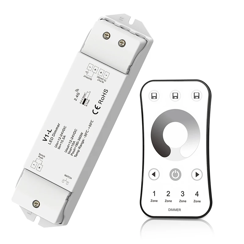 Led Strip Dimmer Controller RF Wireless Remote R6 4 Zones 12V-24V 15A 360W Constant Voltage Receiver 5050 3528 String Ribbon Dim