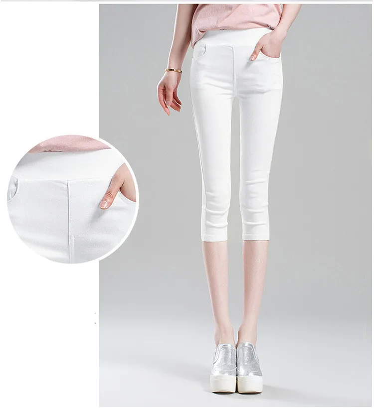 Women\'s Summer Black Leggings Slim Thin Stretch Trousers White Casual Capris Pencil Pants