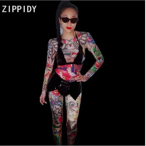 2018 Birthday Celebrate Stage Leggings  Cartoon Pattern Spandex Jumpsuit Women Singer Dancer Nightclub Bar Bodysuit Women\'s Birt