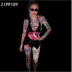 2018 Birthday Celebrate Stage Leggings  Cartoon Pattern Spandex Jumpsuit Women Singer Dancer Nightclub Bar Bodysuit Women's Birt