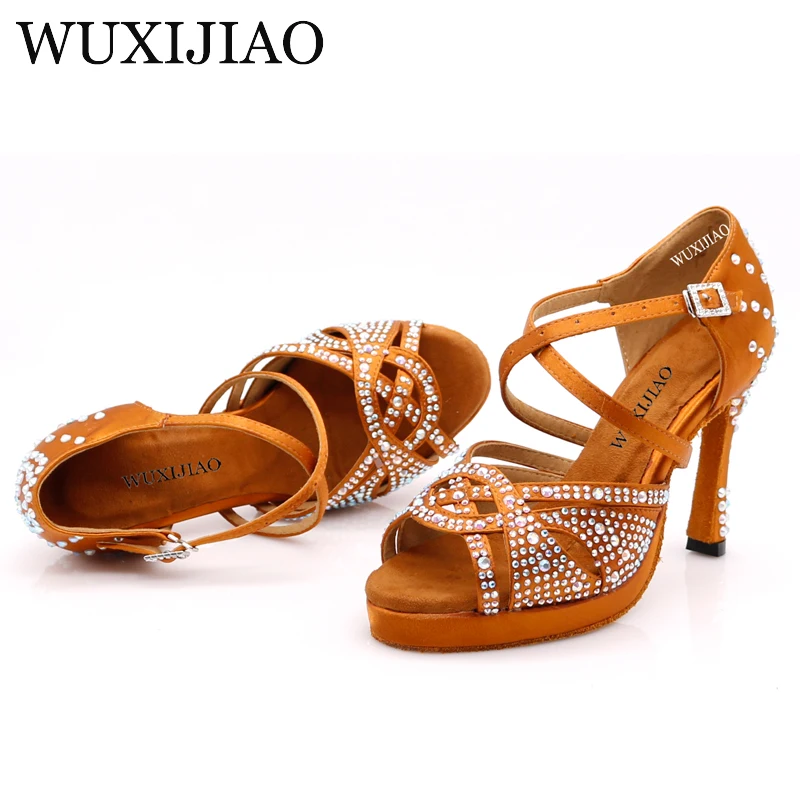 WUXIJIAO New Women Waterproof platform Satin Latin Dance Shoes Rhinestone Salsa Ballroom Dance Shoes Colors bronze