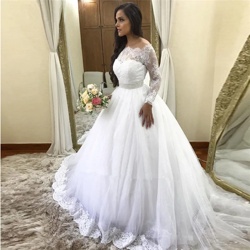 Robe De Mariee 2022 long Sleeves Vintage Wedding Dress lace ball gown Vestidos De Novias Beaded Sashes Wedding Gowns