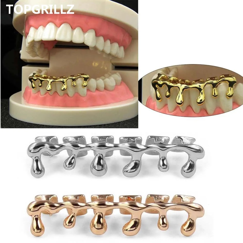 TOPGRILLZ Fit Light Yellow Gold Color Rose Plated Hip Hop Teeth Drip Grillz Caps Lower Bottom Grill Silver Color Grills