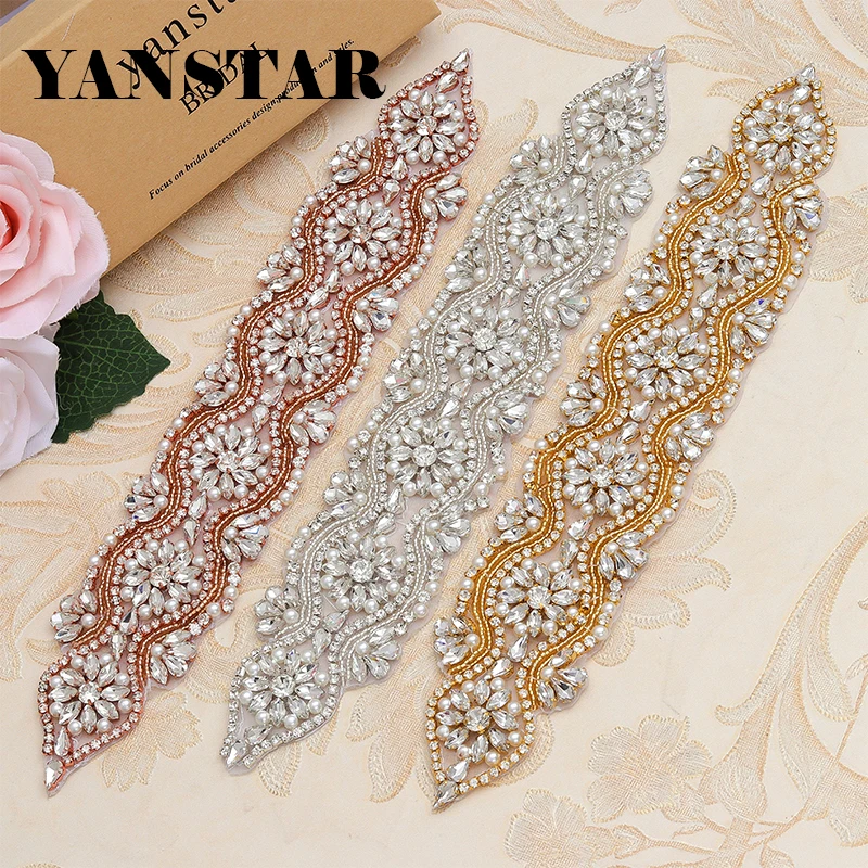 

YANSTAR (30pcs) Wholesale Rhinestones Appliques Bridal Sash Handmade Pearl Crystal Applique Sewing On Wedding Dress Belt YS839