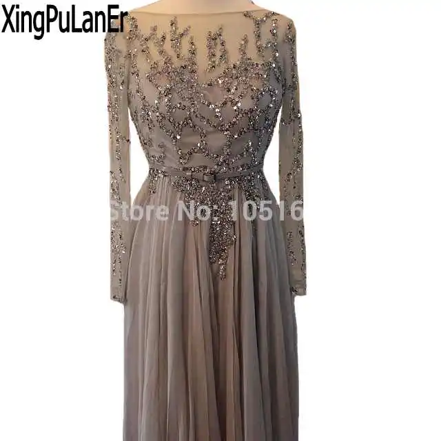 vestidos de fiesta Real Sample A-line Scoop Neckline Long Sleeve Full Beaded Work Long Grey Chiffon Prom Dress Custom Made