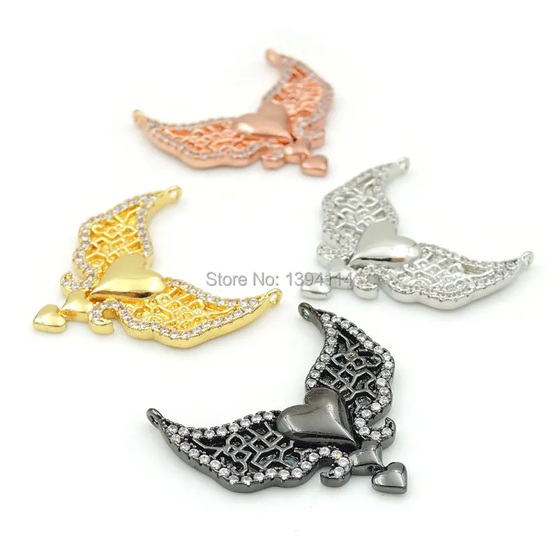 

25*25*3mm Micro Pave Clear CZ 2 Wings 3 Hearts Charm Of Double Circles Fit For Women As Necklaces Accessory