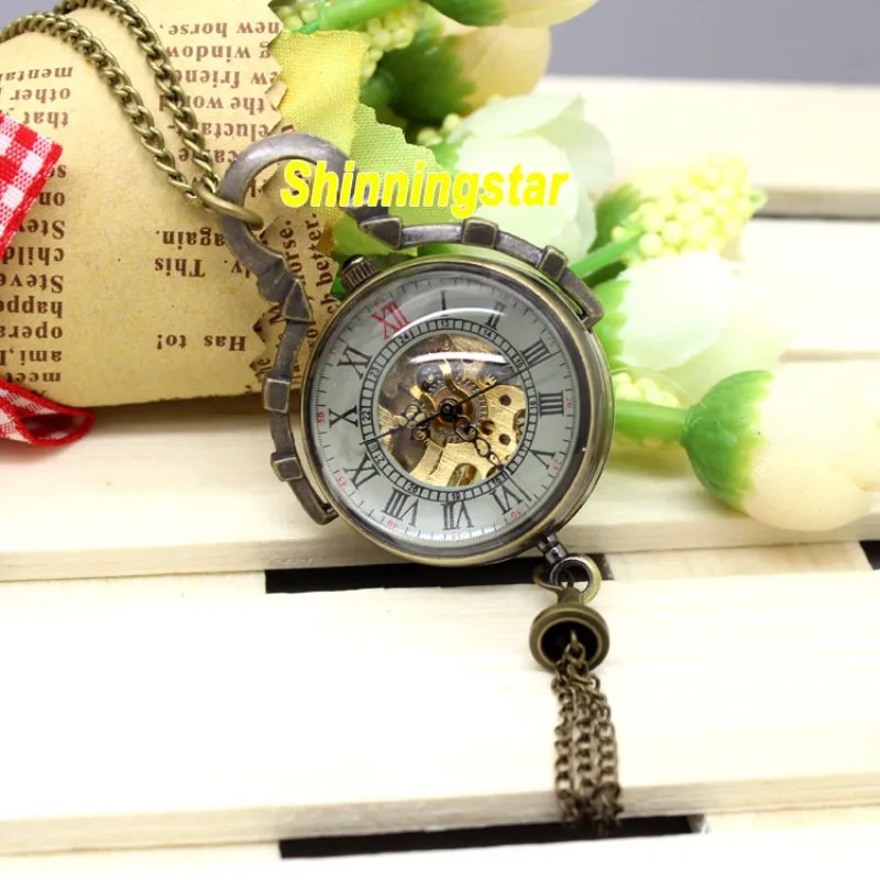 

Steampunk Mechanical Pocket Watch Vintage Bronze Fob Pocket Clock Glass Ball Roman Numeral Mini relogio de bolso mecanicas 2020