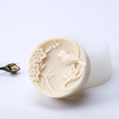 Silicone Mould 3d round shape Embossed flower with magpie bird Soap Mold Nordic Articraft Silica Gel Aroma Stone Mold