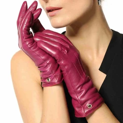 Guantes de piel auténtica con pantalla táctil para mujer, guante de terciopelo, para conducir, para invierno, EL040NR1