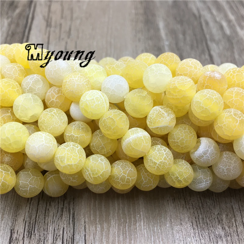 5Strands Frosted Fancy Yellow Fire Crackle Agates Round Loose Bead MY1625