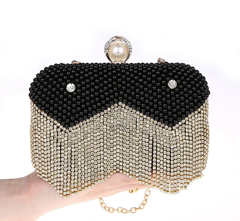 JaneVini Luxury Rhinestones Tassel Handbags Women Bags Designer Pearl Wedding Clutch Bag With Chain Party Bridal Ladies Handbags