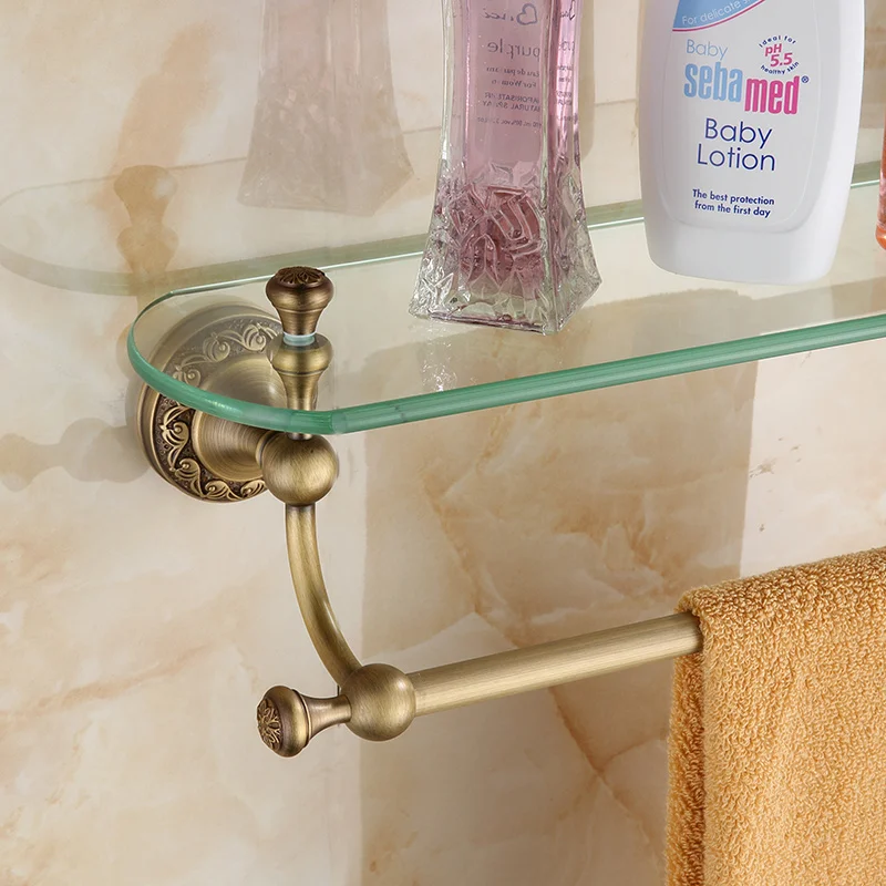 Bathroom Accessories Antique Brass Collection, Glass Shelf with Towel Bar,  Luxury European London Style for Home Organizer