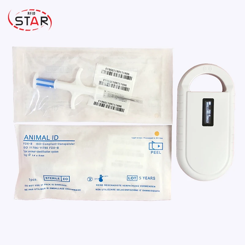 Portable pet scanner Mini dog microchip reader with 1.4*8mm glass tag 2pcs rfid chip injection syringe