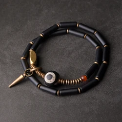 Tibetan Beads Black Agate Bracelet Vintage Processed Copper Vajar Zen Healing Jewelry Protective Accessories Men Women