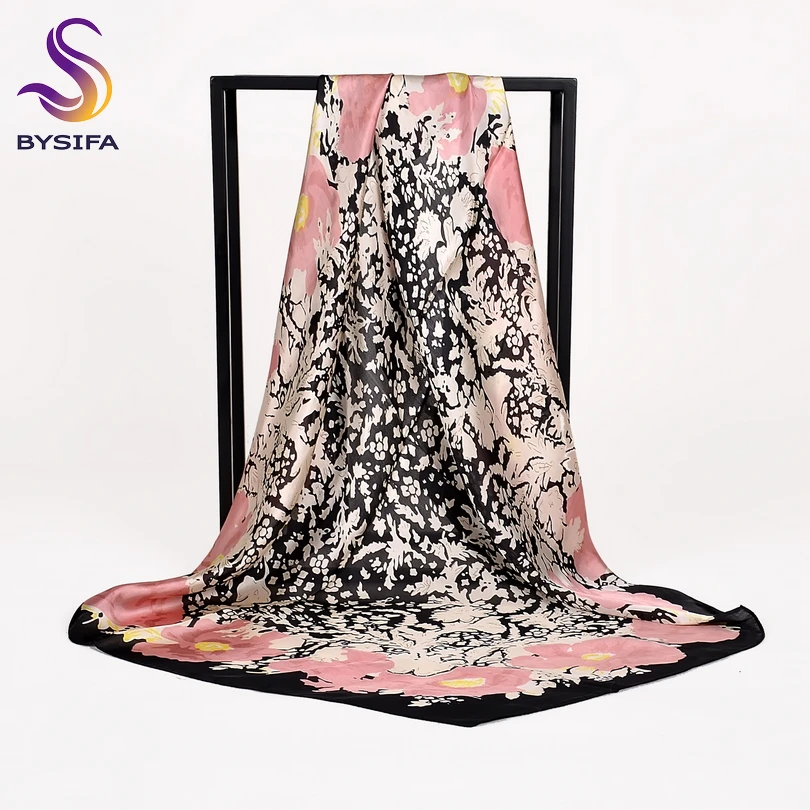 

[BYSIFA] Black Pink Ladies Silk Scarf Shawl Fashion Brand Pure Silk Square Scarves Wraps 90*90cm Winter Large Silk Scarf Cape