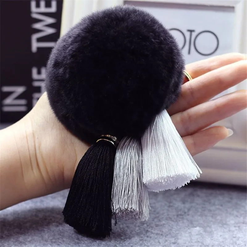 Fashion Fluffy Rabbit Fur Pompom Ball Key Chain For Women Gradient Color Tassels Keychain On Bag Car Trinket Jewelry Party Gift