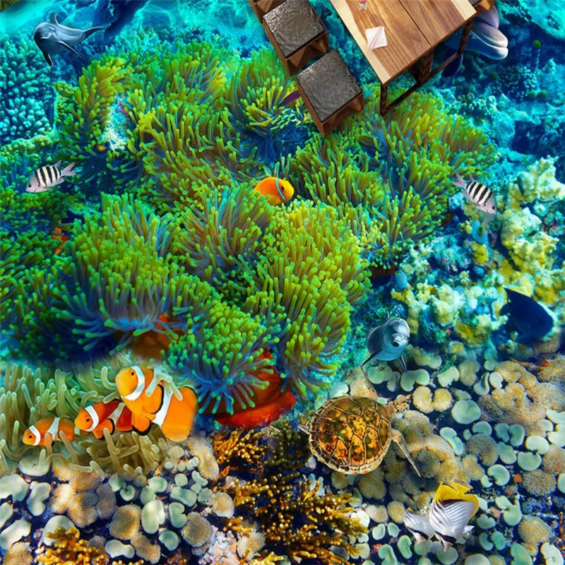 wellyu Custom large-scale mural pvc underwater world tropical fish 3D floor tiles waterproof thick floor stickers