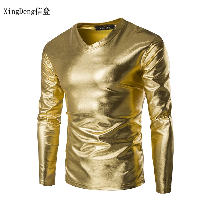 XingDeng Leather Sexy DJ Bar TOPS And Show Nightclub Clothing Men\'s Large Size Round Collar T-shirt Men Tees Spring Clothes