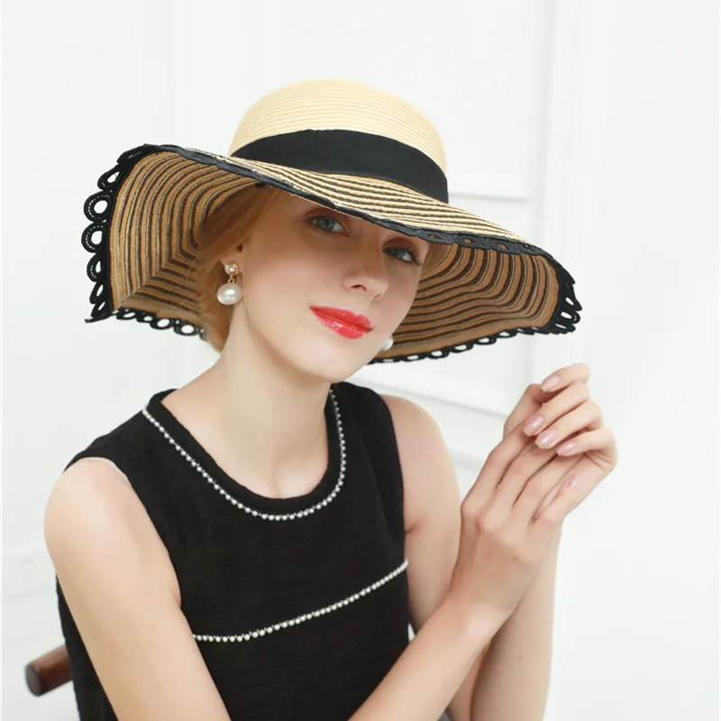 

Adult Straw Sun Hat Girls Summer Beach Cap Wide Brim Color Stripe Lace British Large Grass Hat Ladies Sunscreen Cap B-8869