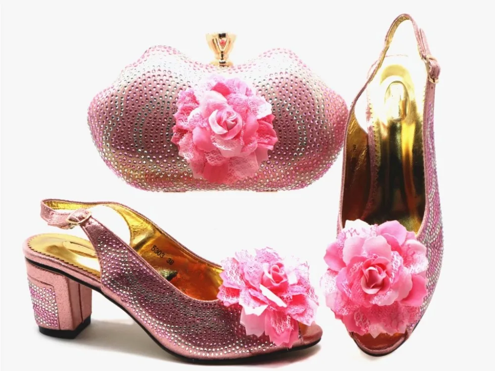 

Top sale pink women pumps match handbag set with rhinestone and flower style african shoes and bag for party dress X48