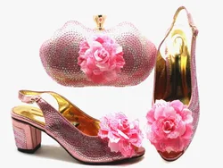 Top sale pink women pumps match handbag set with rhinestone and flower style african shoes and bag for party dress X48