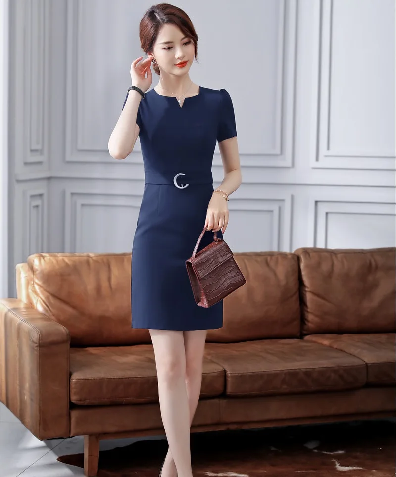 Uniform Styles Elegant Navy Blue Slim Hips Dresses For Women Summer Business Work Wear Ladies Office Female Mini Dress