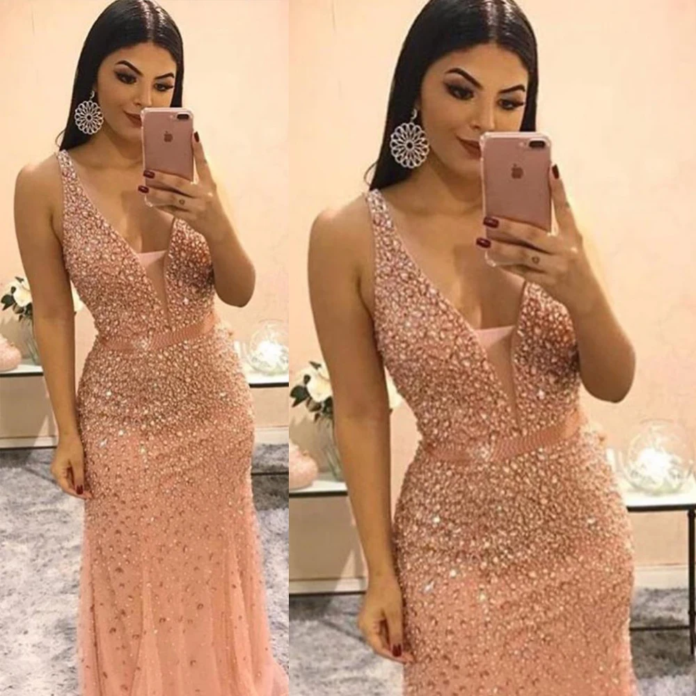 Robe de Bal en Clip Personnalisée avec Décolmétrage en V Profond, Tenue de Soirée Sexy avec Perles et Strass, Champagne, 2020