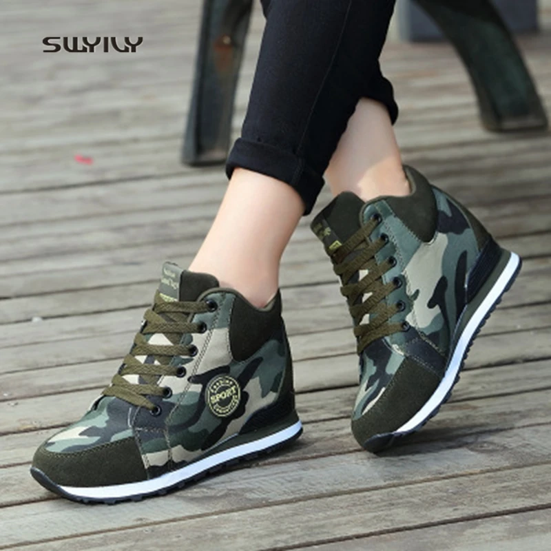 

SWYIVY Women Walking Shoes Canvas Platform Lady Sneakers 2018 Autumn and winter Large Size42 Camo Height Increasing Walking Shoe