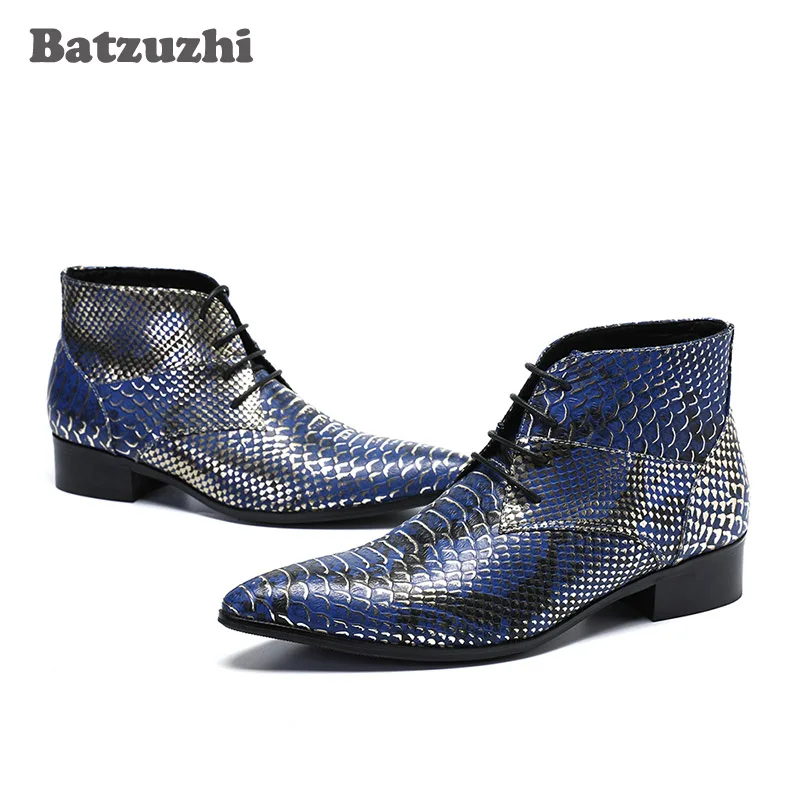 Batzuzhi Handmade Men Boots Shoes Pointed Toe Blue Leather Ankle Boots Fish Scale Pattern Botas Hombre Party and Wedding Botas