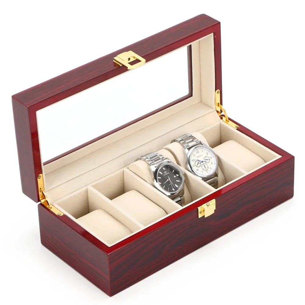 

New 5 Slots Wood Watch Case Storage Box Wooden Watch Organizer Jewellry Storage Holder Boxes Red Watch Display