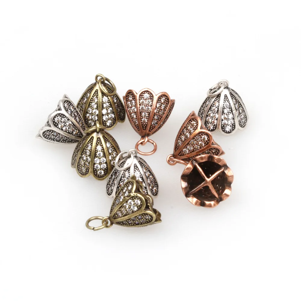 

Fashion Micro cubic zirconi CZ Flower Cap Charm Fit Bronze Plating Pendant Flower Hat For Making Bracelets Or Necklaces Jewelry